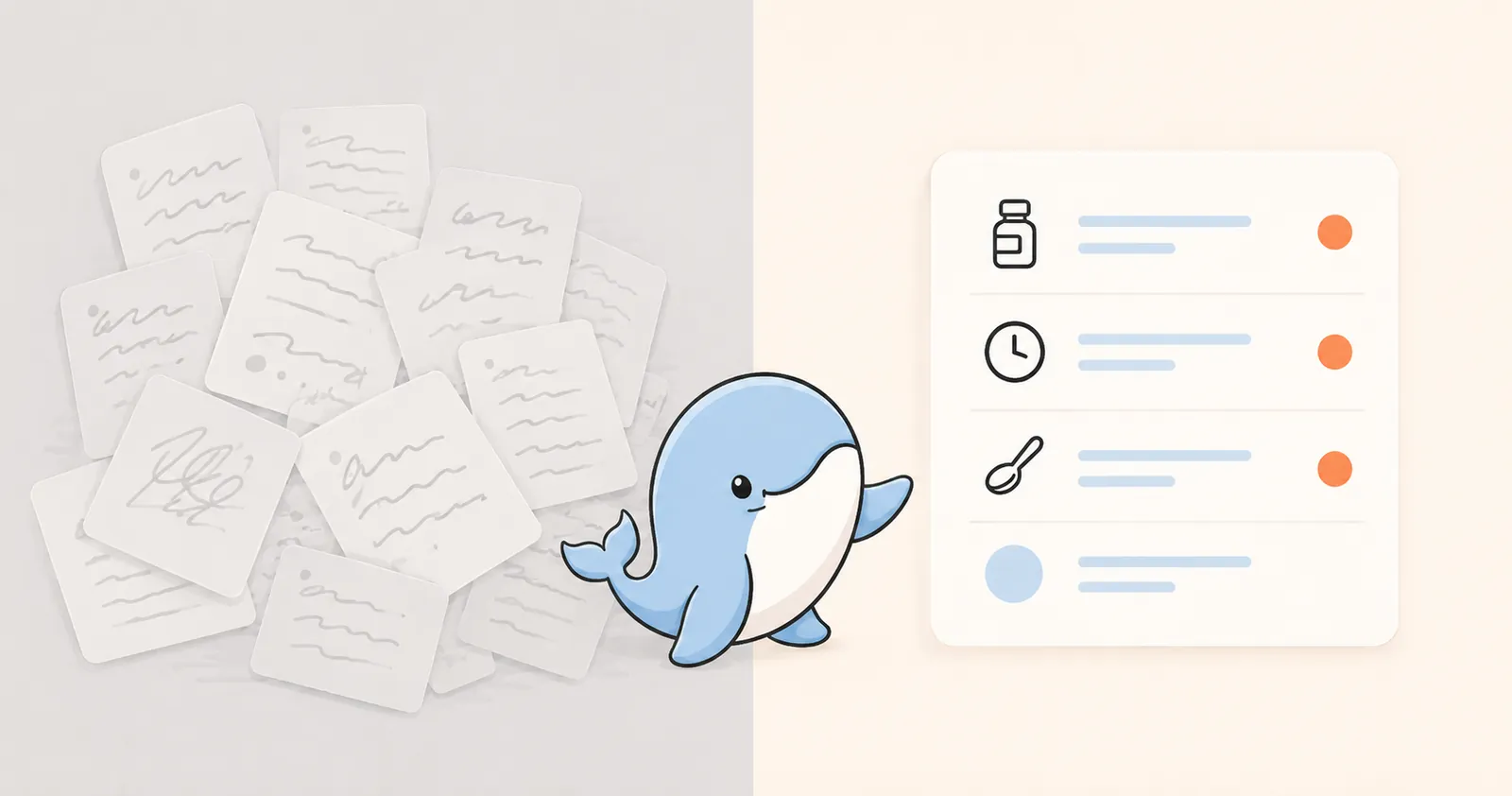 Split illustration comparing a messy pile of notes with one organized Calmemo summary, divided by Calmemo's whale.