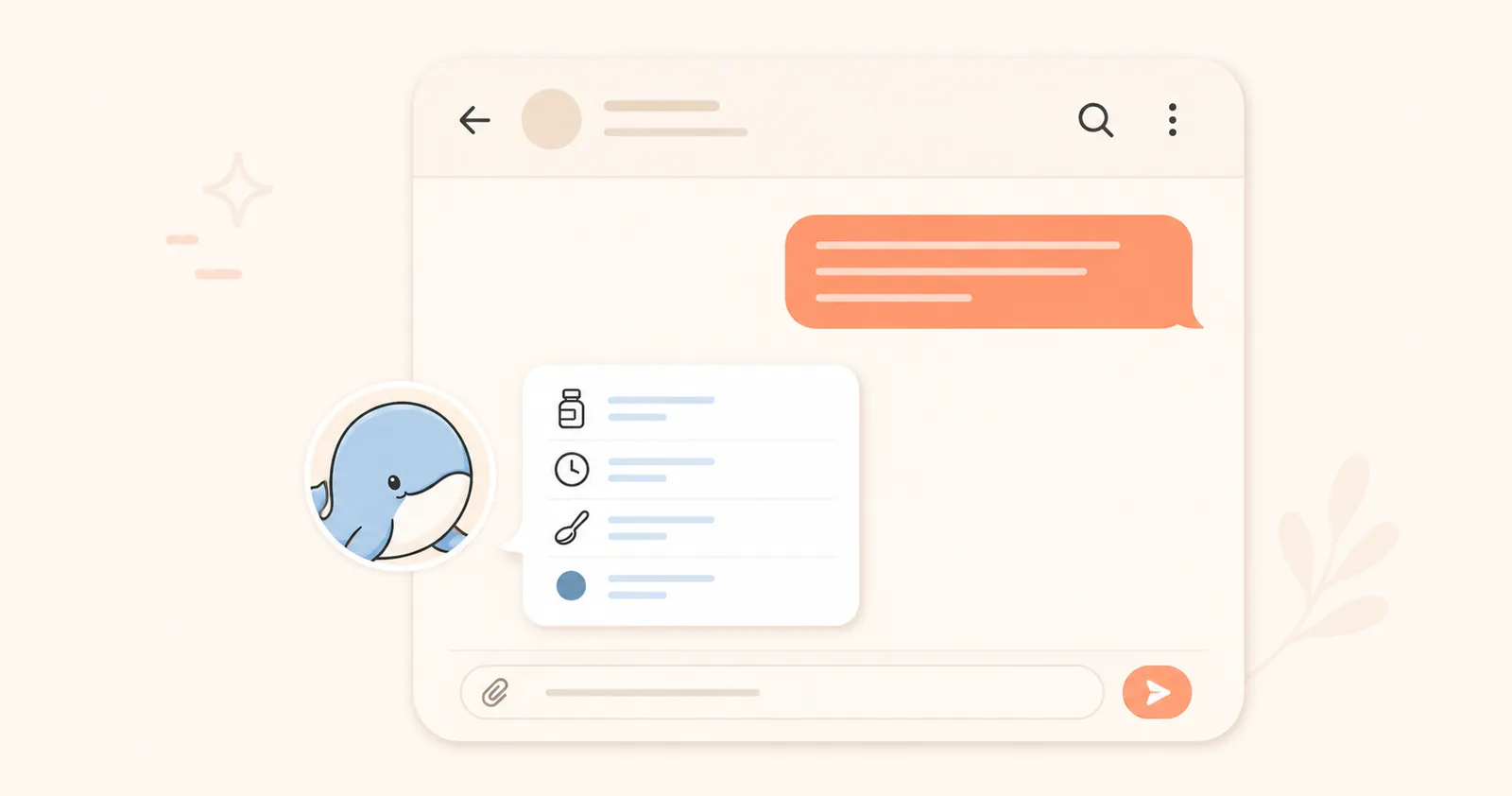 Illustration of a chat app where a natural message becomes a tidy child health log, with Calmemo's whale as the chat avatar.