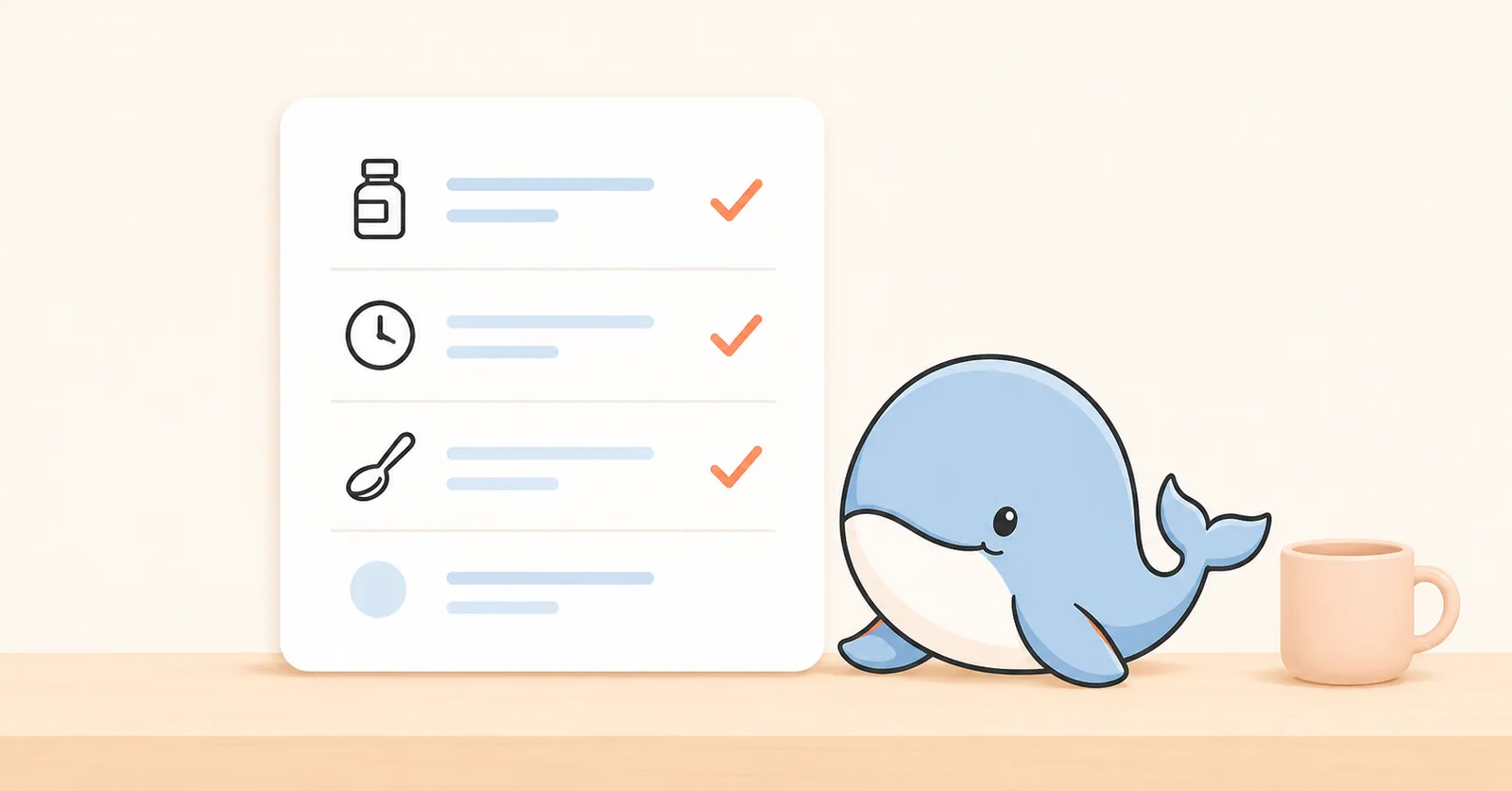Illustration of a child medication checklist with medicine, time, and spoon icons checked off, beside Calmemo's friendly whale mascot.