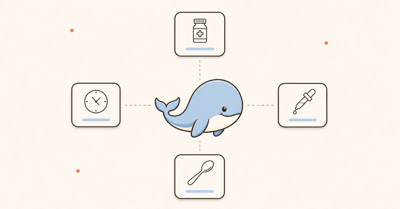 Illustration of several medication times laid out along a simple daily timeline, with Calmemo's whale keeping them in order.