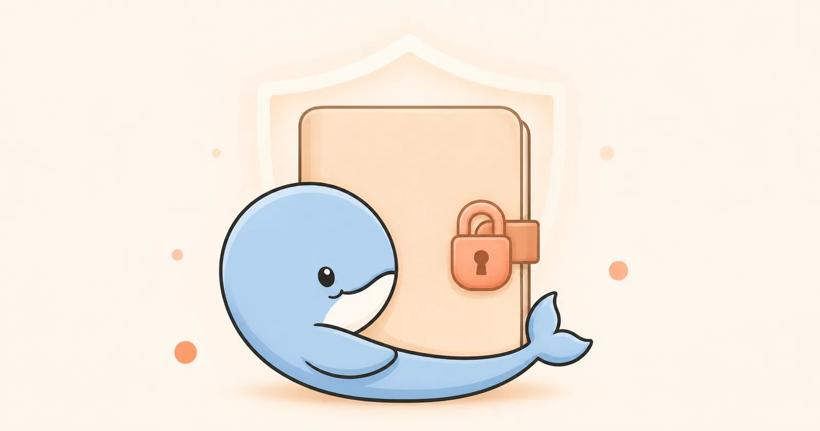Illustration of a locked private journal protected by a soft shield, with Calmemo's whale curled protectively around it.