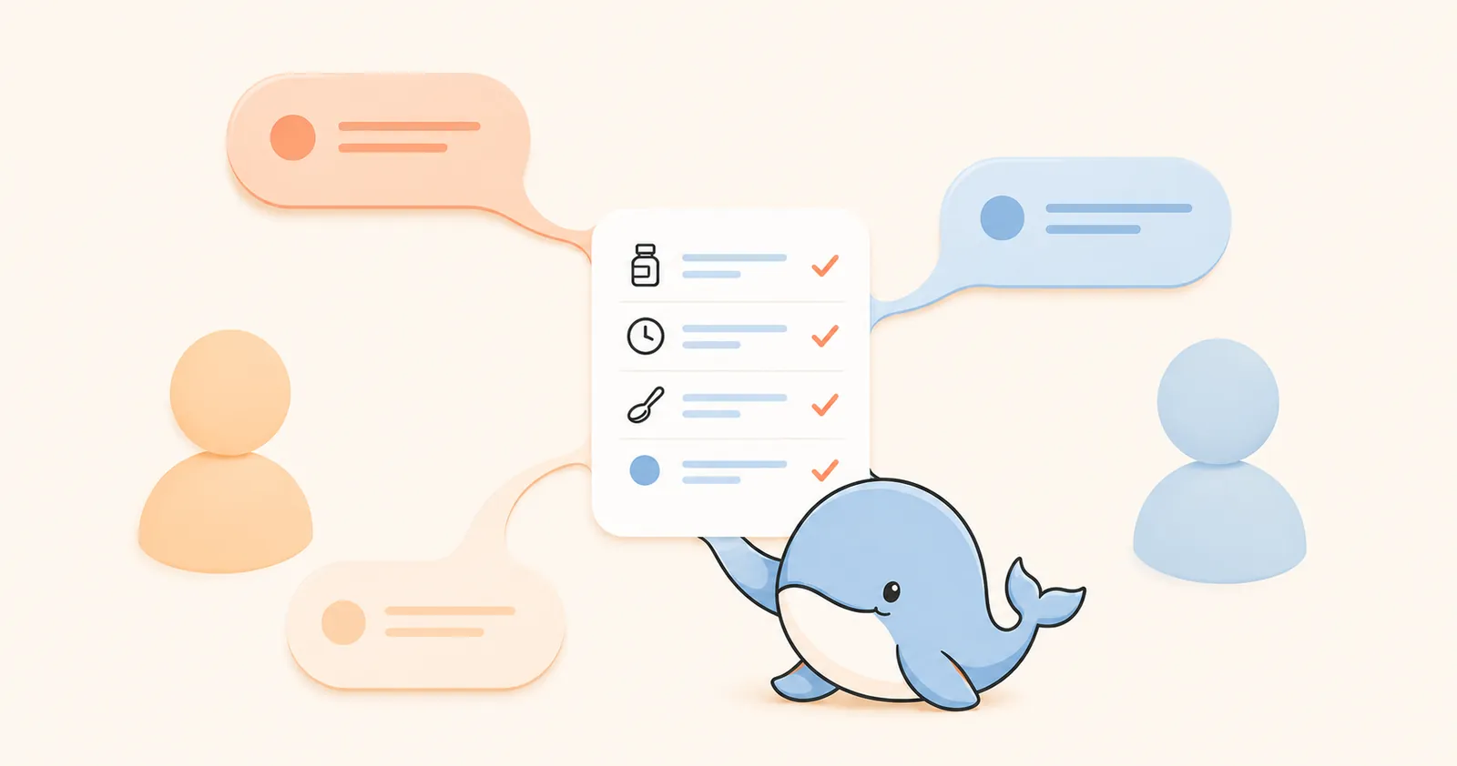 Illustration of two caregivers' message bubbles merging into one shared child health log, with Calmemo's whale in the middle.