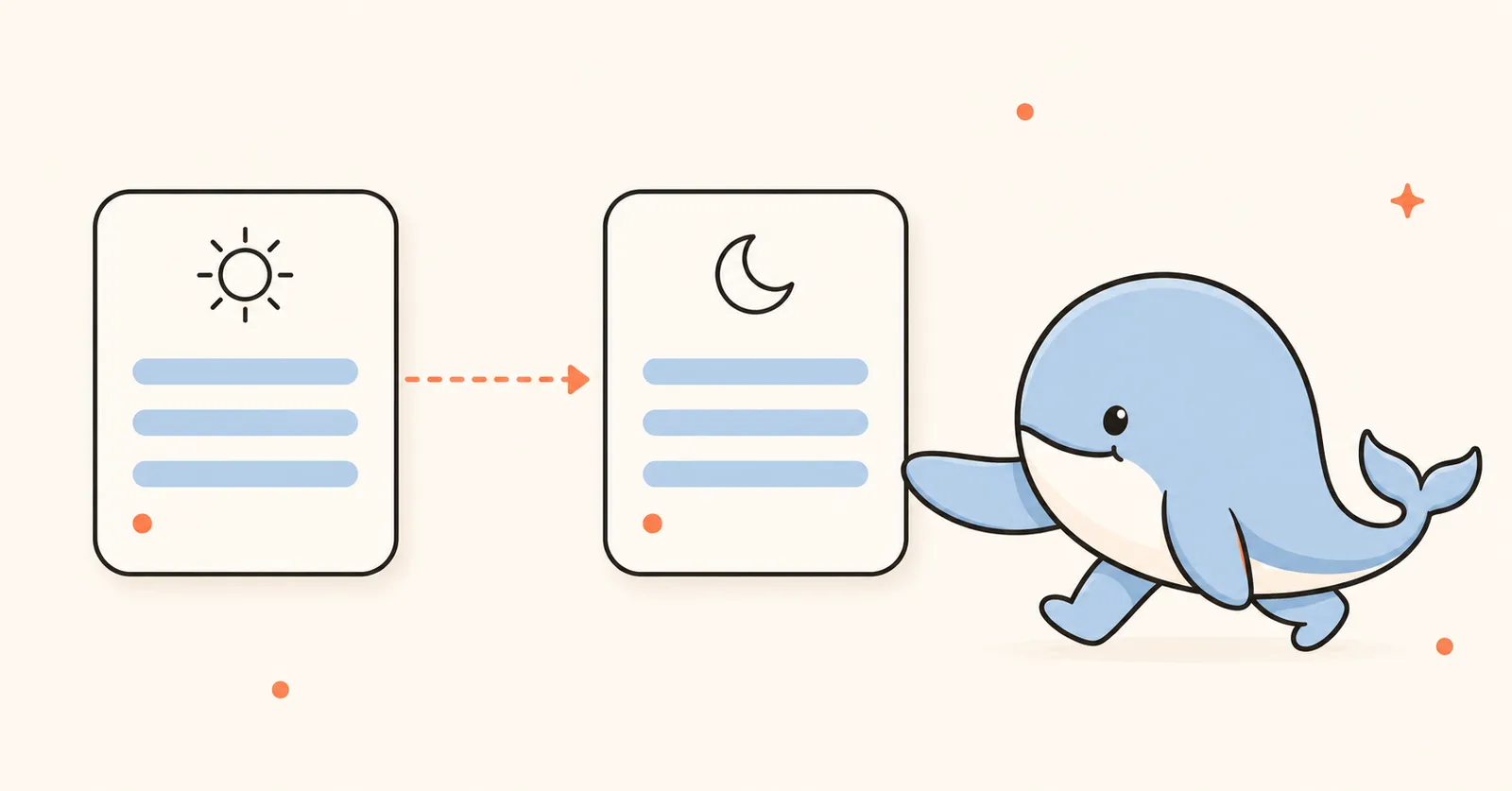Illustration of one caregiver passing a tidy summary card to the next, with Calmemo's whale mascot handing over the day's notes.