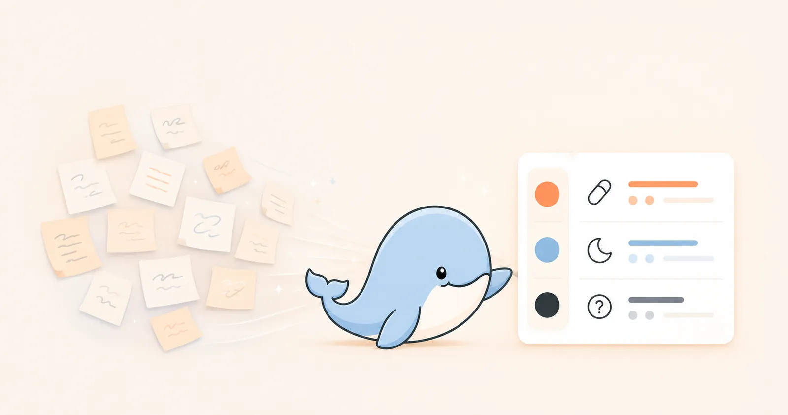 Illustration of scattered symptom notes being organized into a clear summary card for a pediatrician, with Calmemo's whale.