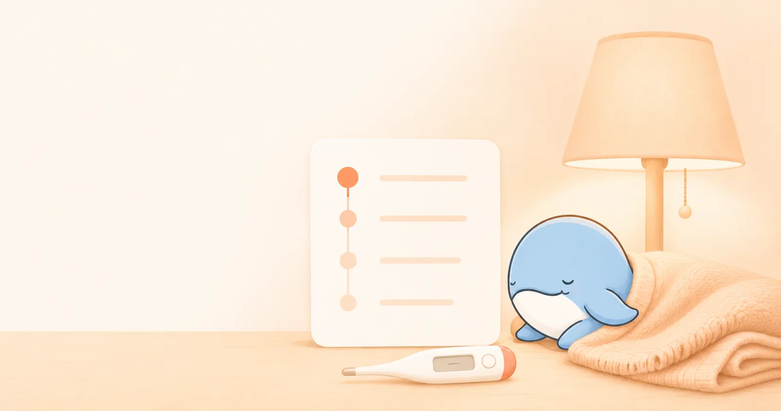 Cozy nighttime illustration of a bedside lamp, blanket, and a fever-check log card, with Calmemo's whale resting nearby.