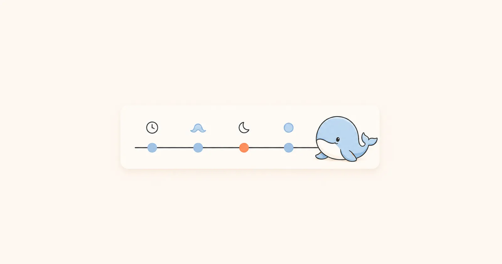 Calm, abstract illustration of a simple event timeline on a card, with Calmemo's whale mascot resting at the end.
