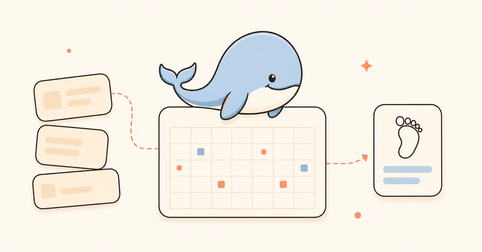 Illustration of a notebook capturing small wins and home exercises between therapy visits, with Calmemo's whale cheering a small step.