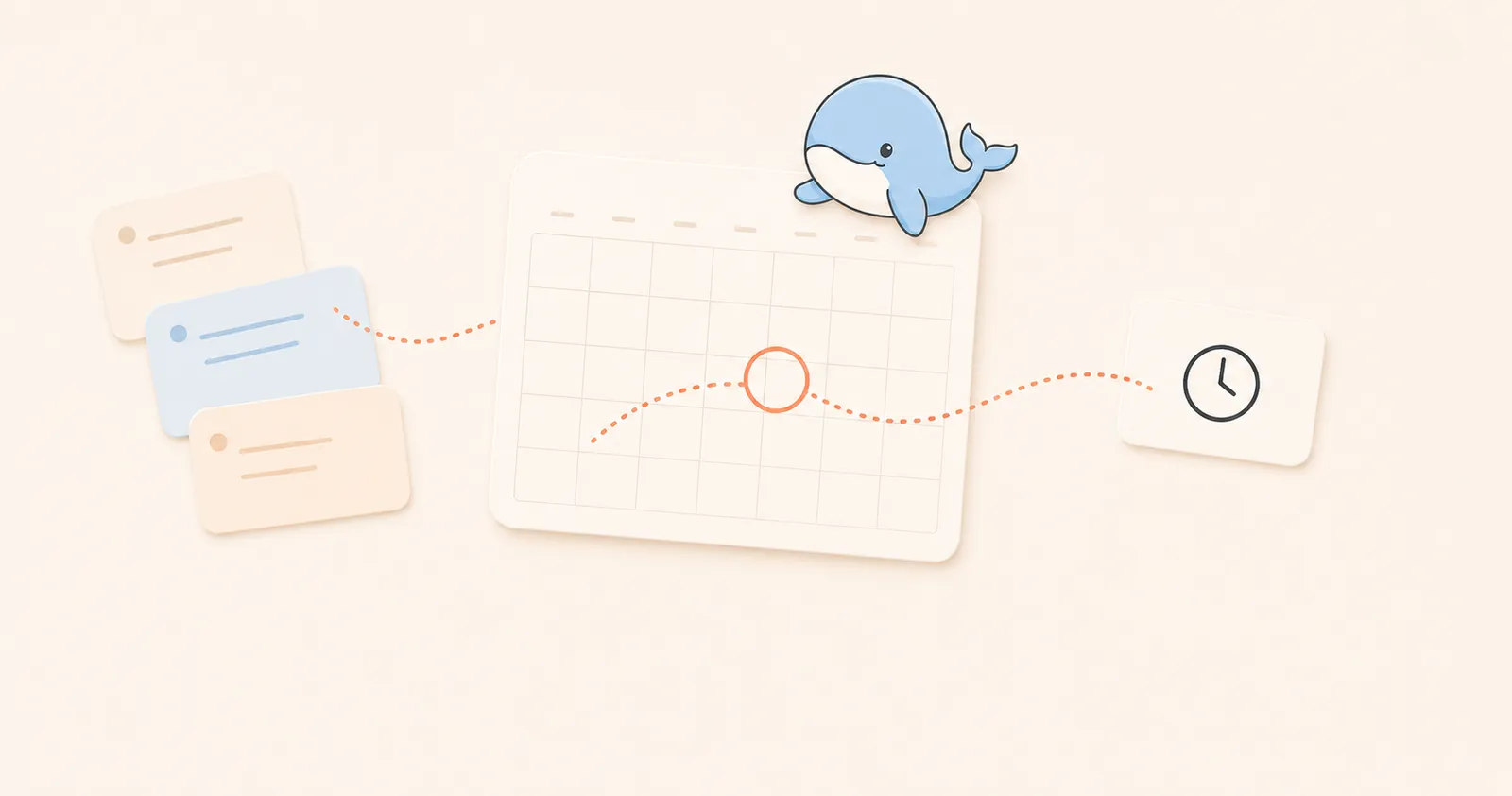 Illustration of a calendar, notes, and an appointment card connected by a dotted path, with Calmemo's whale perched on top.